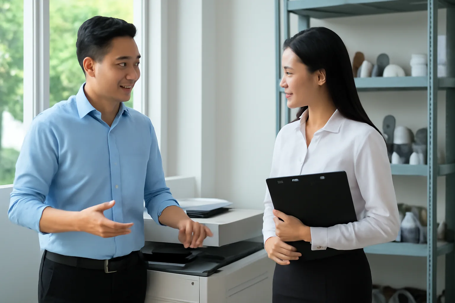 Nhân viên kinh doanh và kế toán trao đổi cạnh máy in trong văn phòng công ty phân phối vật tư