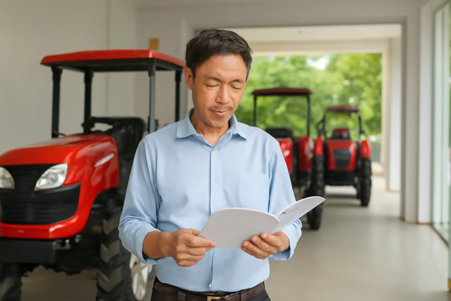Chủ đại lý máy nông nghiệp đọc một tập báo cáo mỏng trong phòng trưng bày cạnh các máy cày màu đỏ