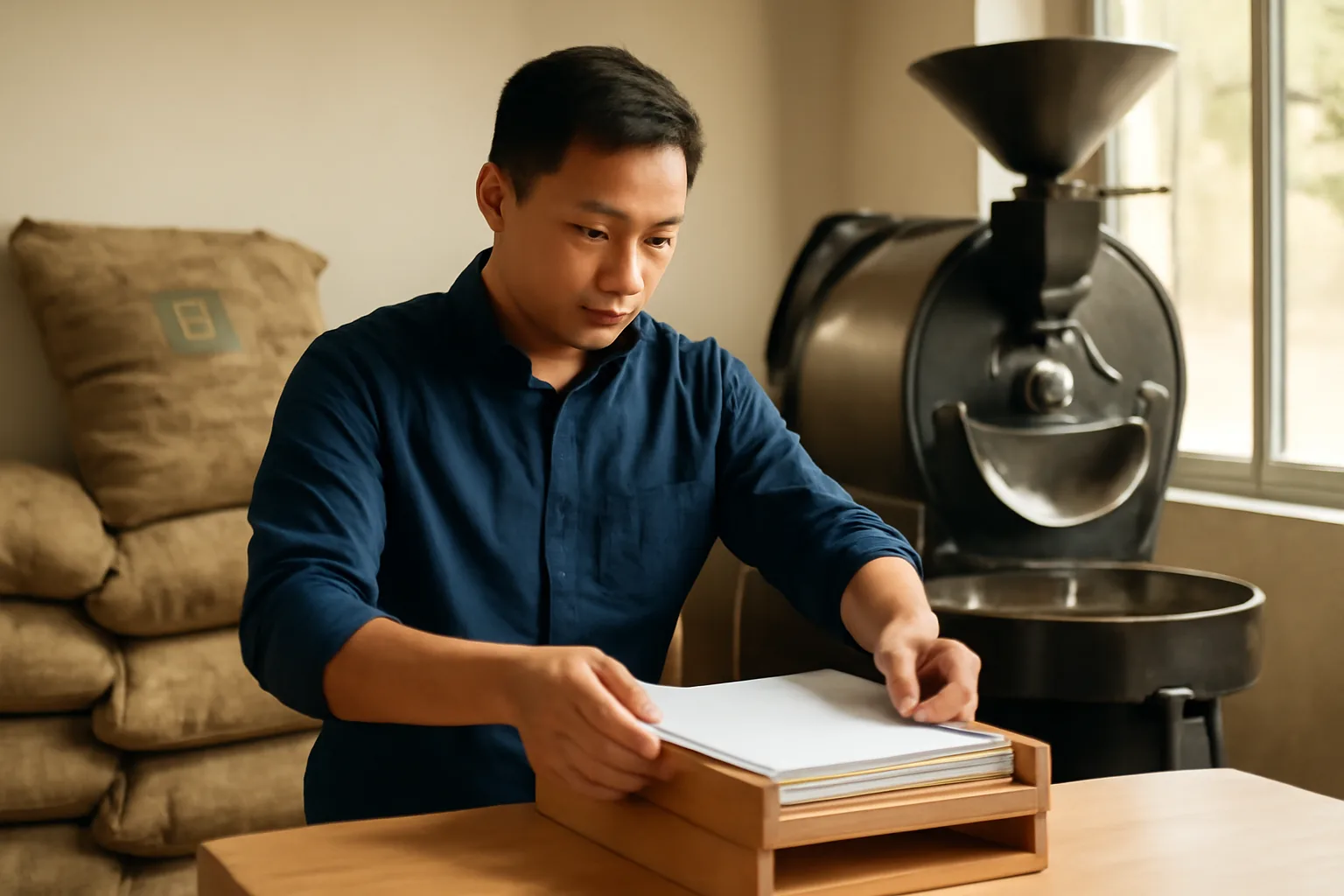 Chủ xưởng rang cà phê đặt một tập báo cáo đóng bìa vào khay hồ sơ trên bàn làm việc