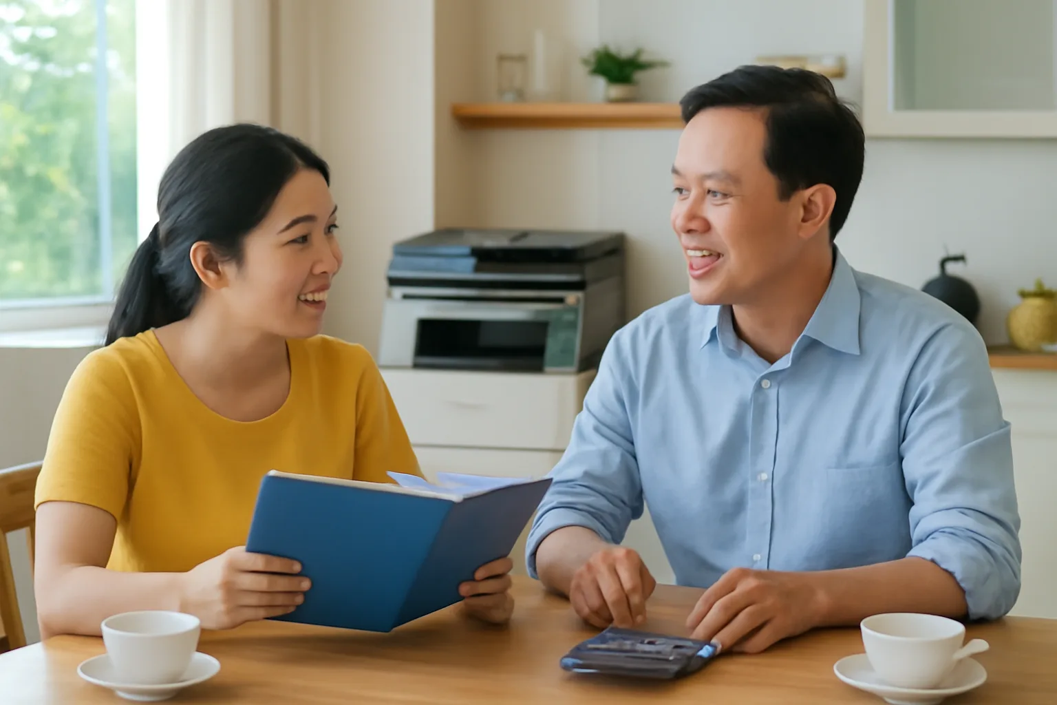 Vợ chồng chủ xưởng in bàn bạc bên bàn ăn gia đình buổi sáng với cặp tài liệu và máy tính bỏ túi