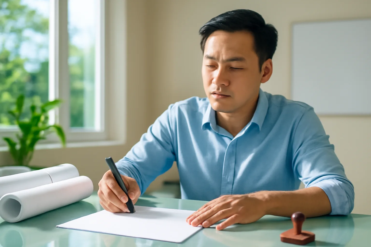 Chủ văn phòng thiết kế đọc kỹ tập hồ sơ trước khi đặt bút ký tại bàn họp