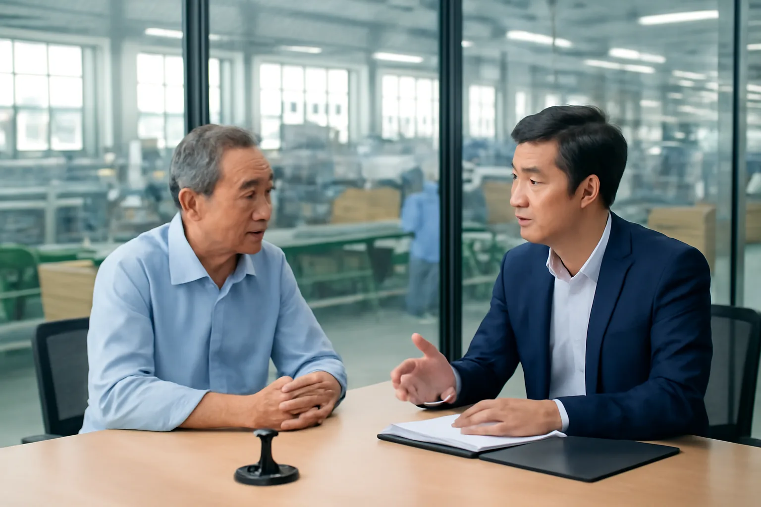 Chủ doanh nghiệp và giám đốc điều hành trao đổi trong phòng họp nhỏ nhìn ra xưởng sản xuất