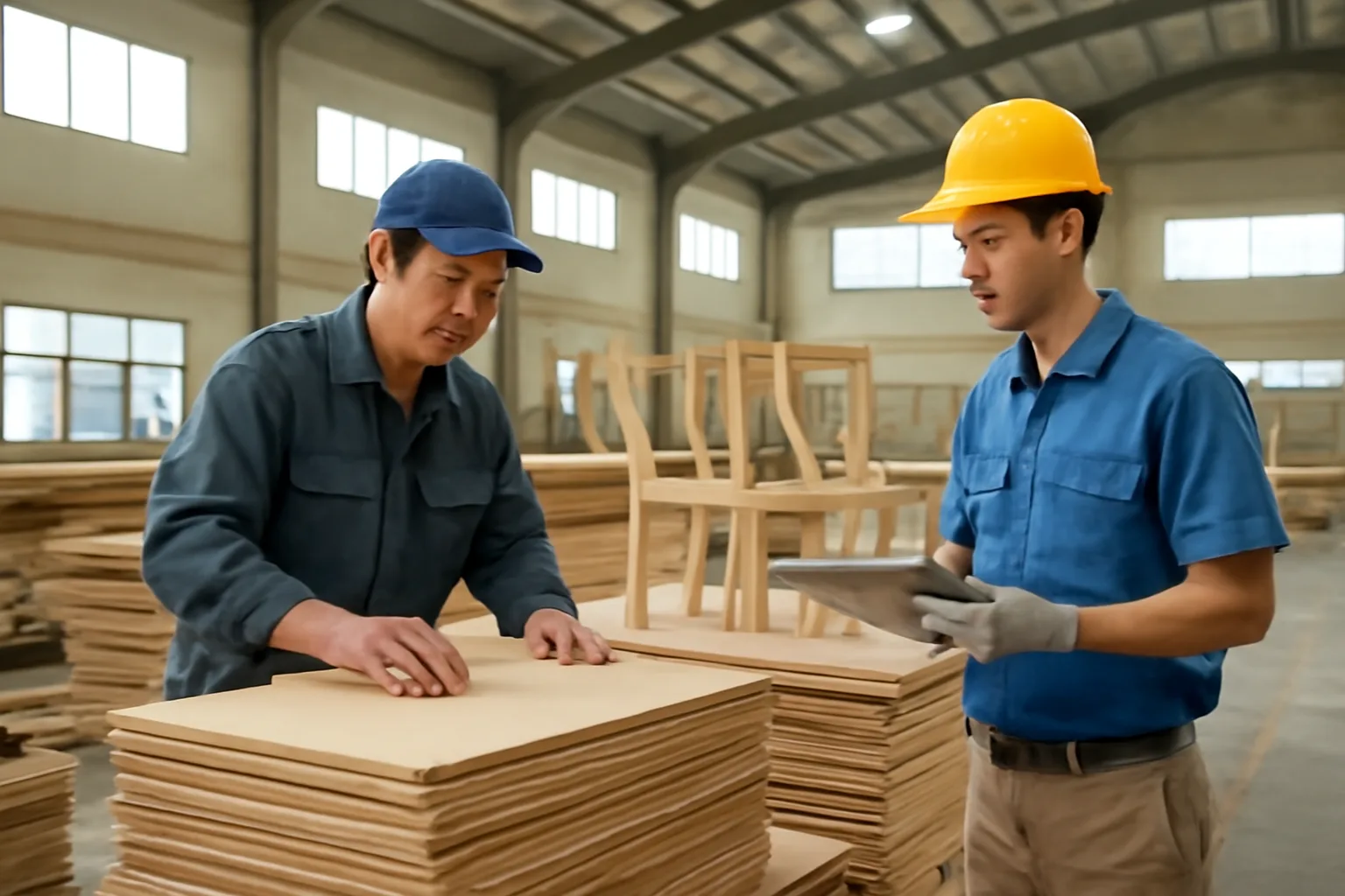 Chủ xưởng mộc đứng giữa các tấm gỗ xếp chồng cùng nhân viên kho kiểm đếm vật tư