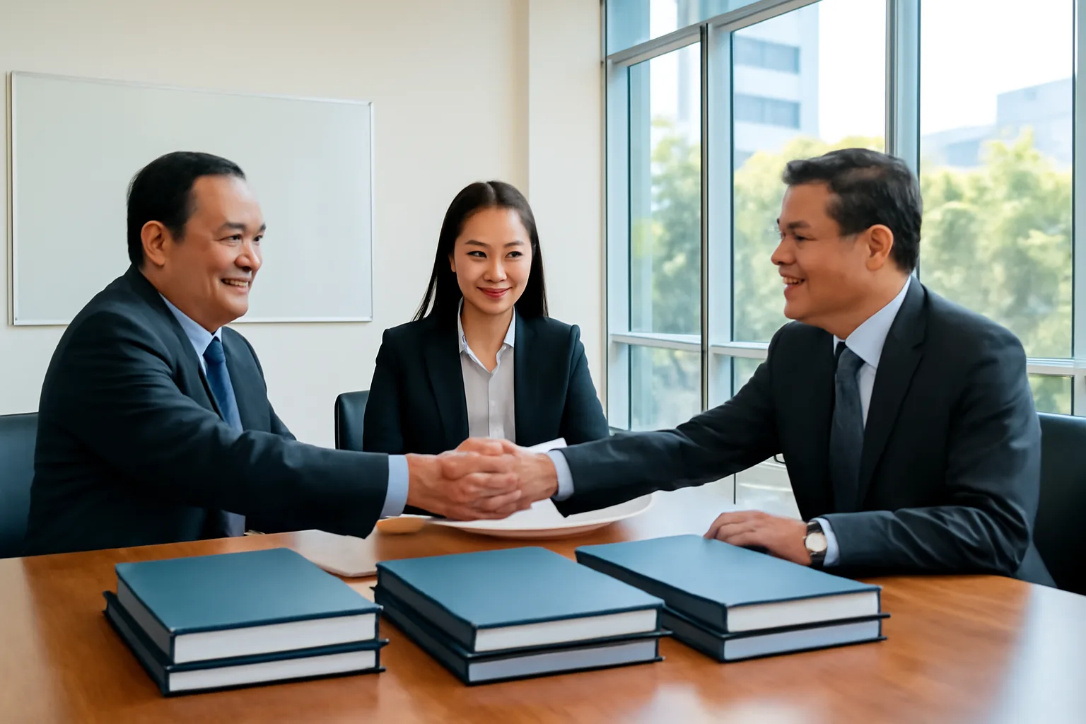 Hai bên mua bán doanh nghiệp ngồi đối diện bên bàn gỗ với các cặp hồ sơ xếp chồng