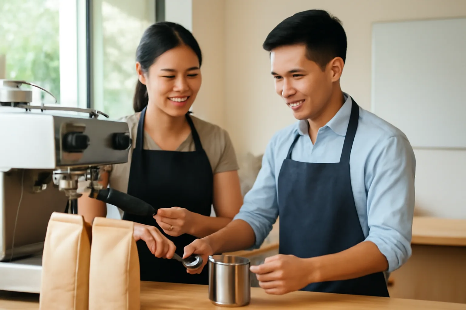 Nhân viên pha chế đào tạo cho chủ quán nhượng quyền mới bên quầy cà phê sáng sủa
