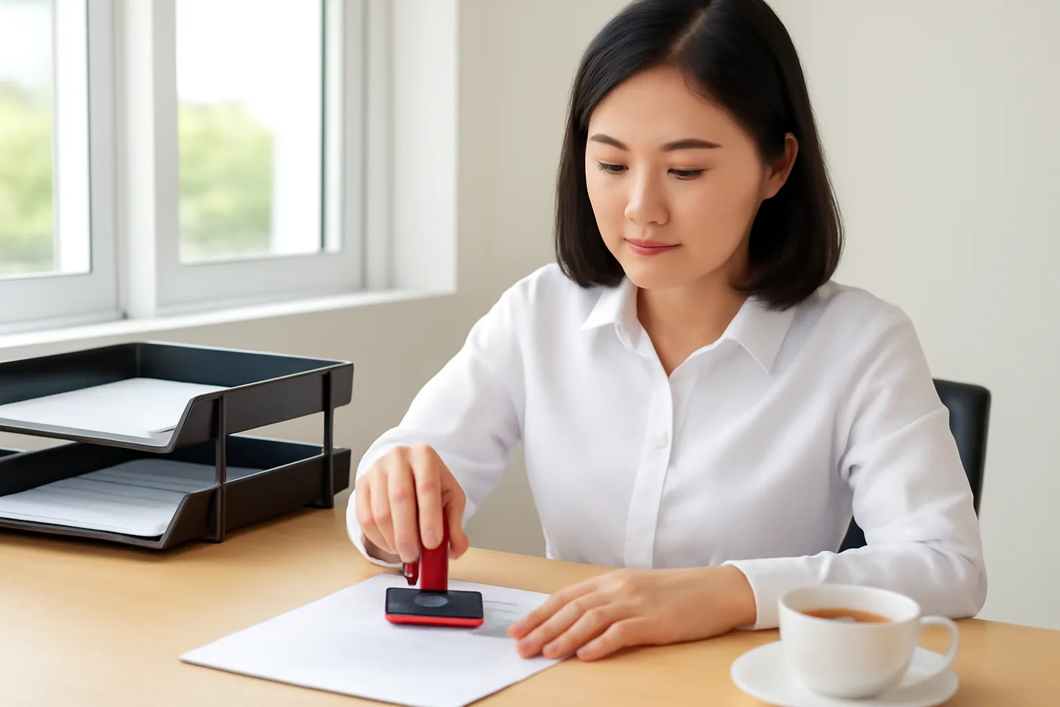 Nữ kế toán trưởng đóng dấu lên văn bản trả lời tại bàn làm việc gỗ sáng sủa