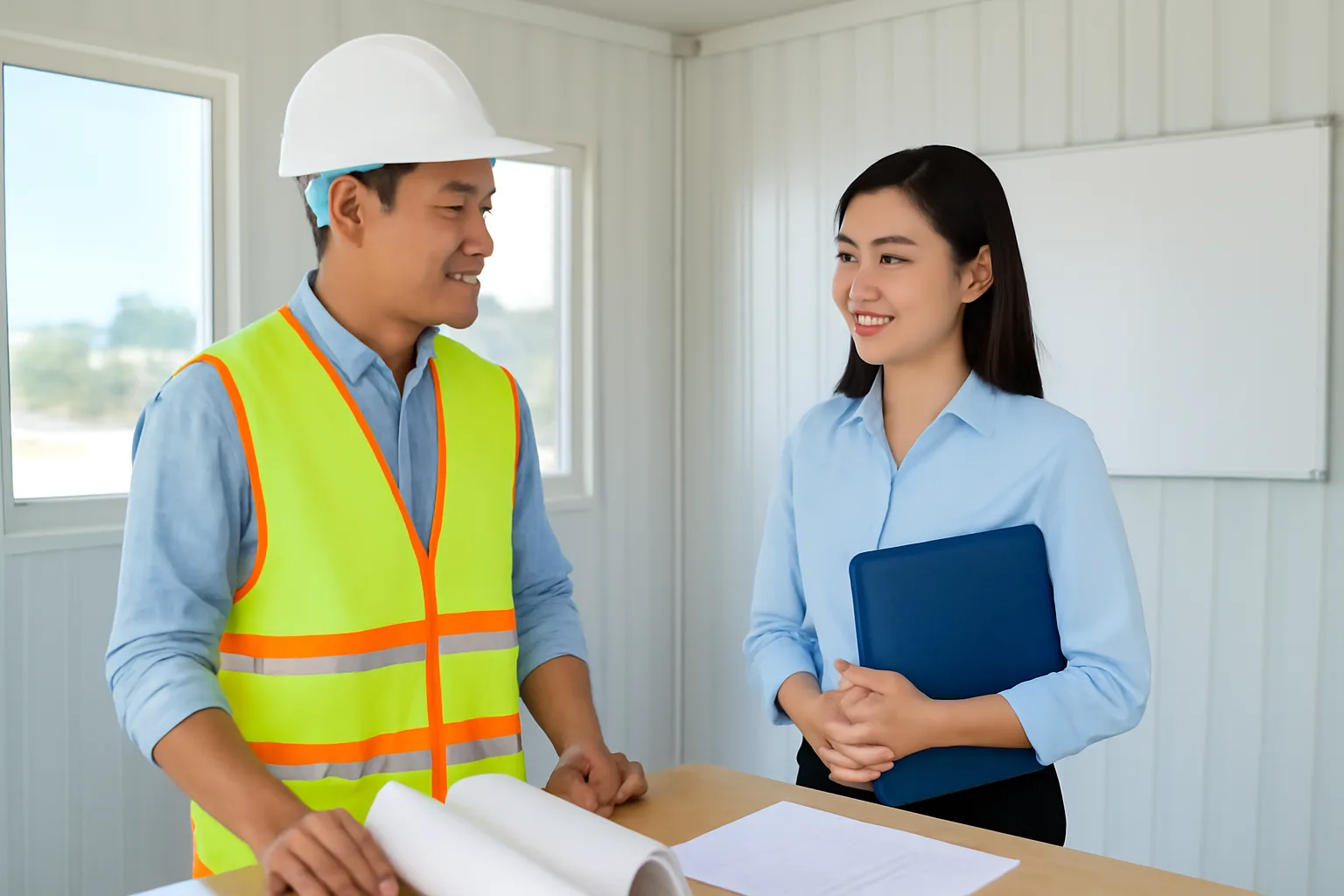 Chỉ huy trưởng công trình và nữ kế toán cùng xem bản vẽ và cặp hồ sơ tại lán công trường
