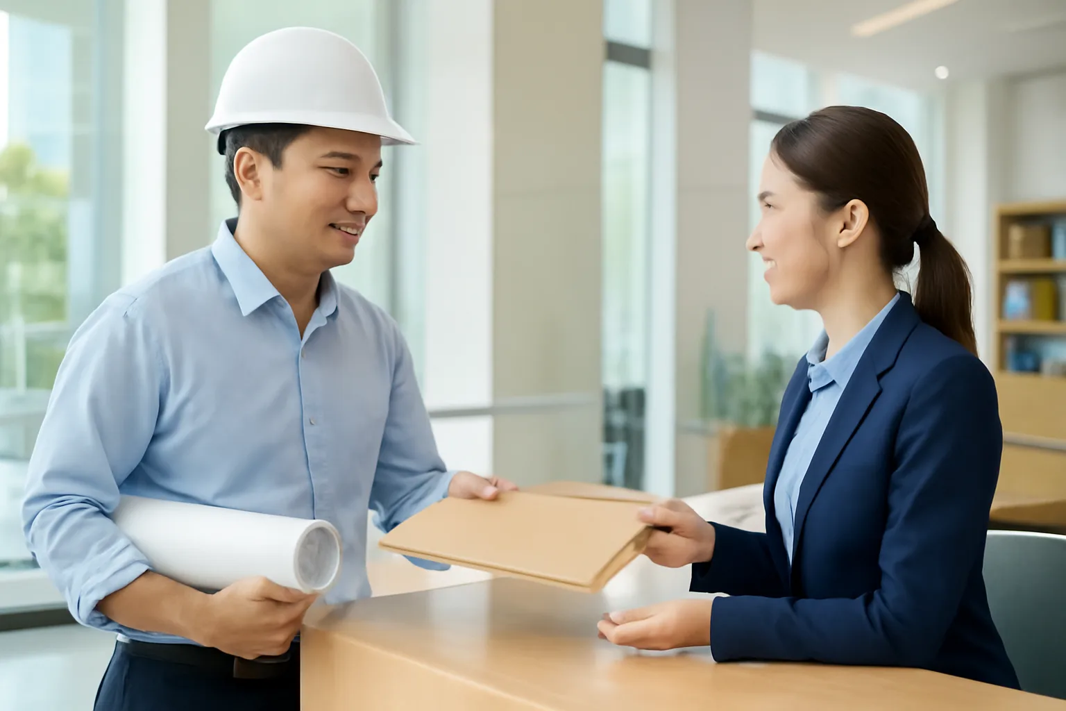 Giám đốc công ty xây dựng trao đổi hồ sơ với nhân viên ngân hàng tại quầy giao dịch doanh nghiệp