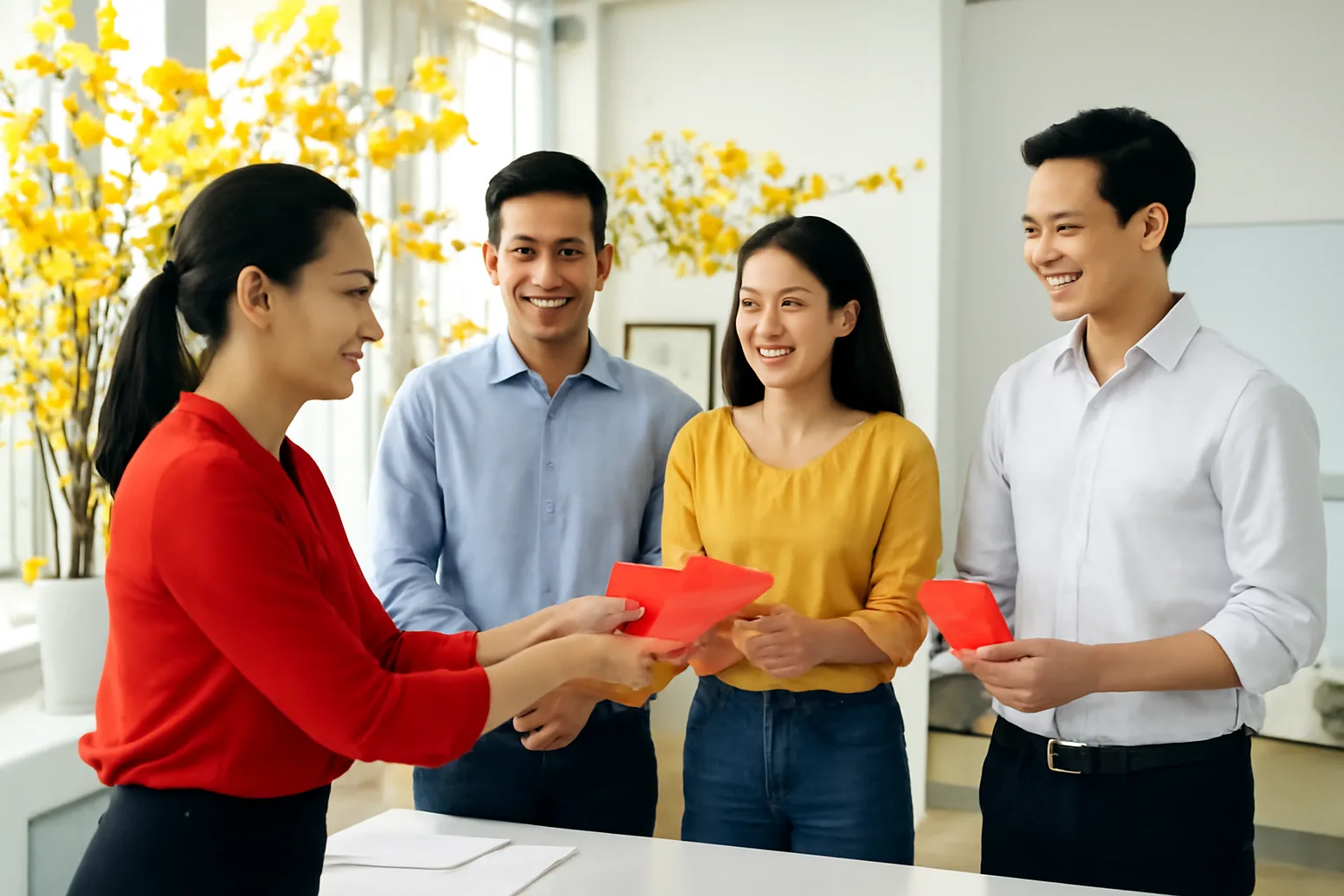 Chủ cửa hàng trao phong bì thưởng cho nhân viên trong buổi họp cuối năm tại văn phòng