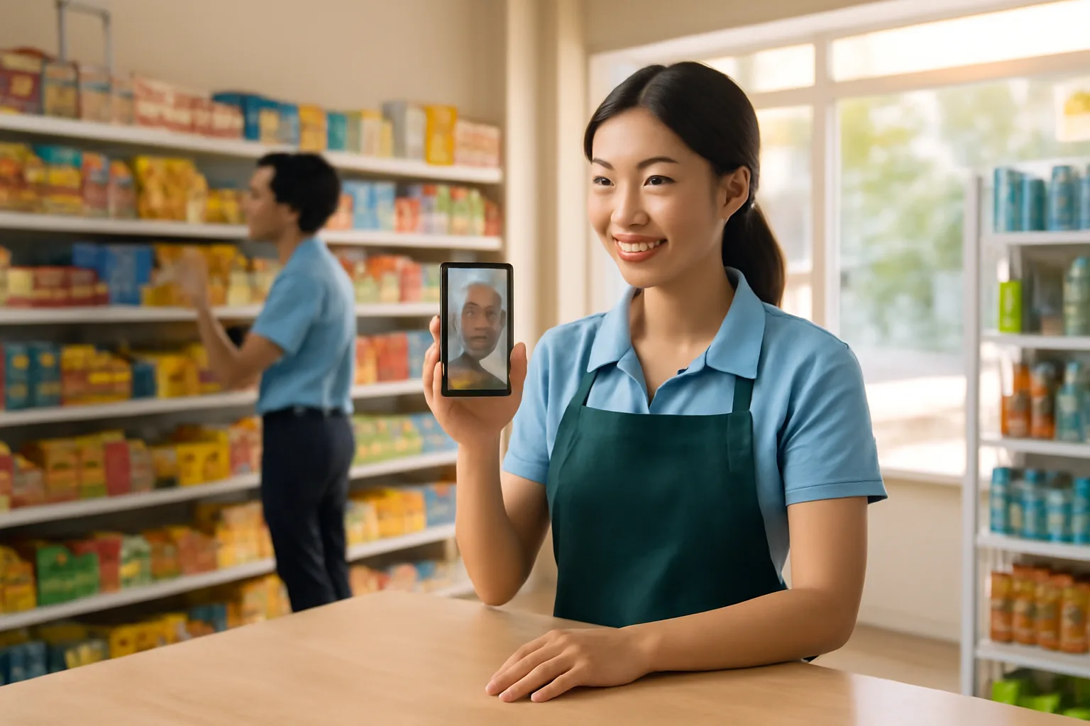 Quản lý cửa hàng ở tỉnh gọi video báo cáo cuối ngày cho chủ trong lúc nhân viên kiểm hàng