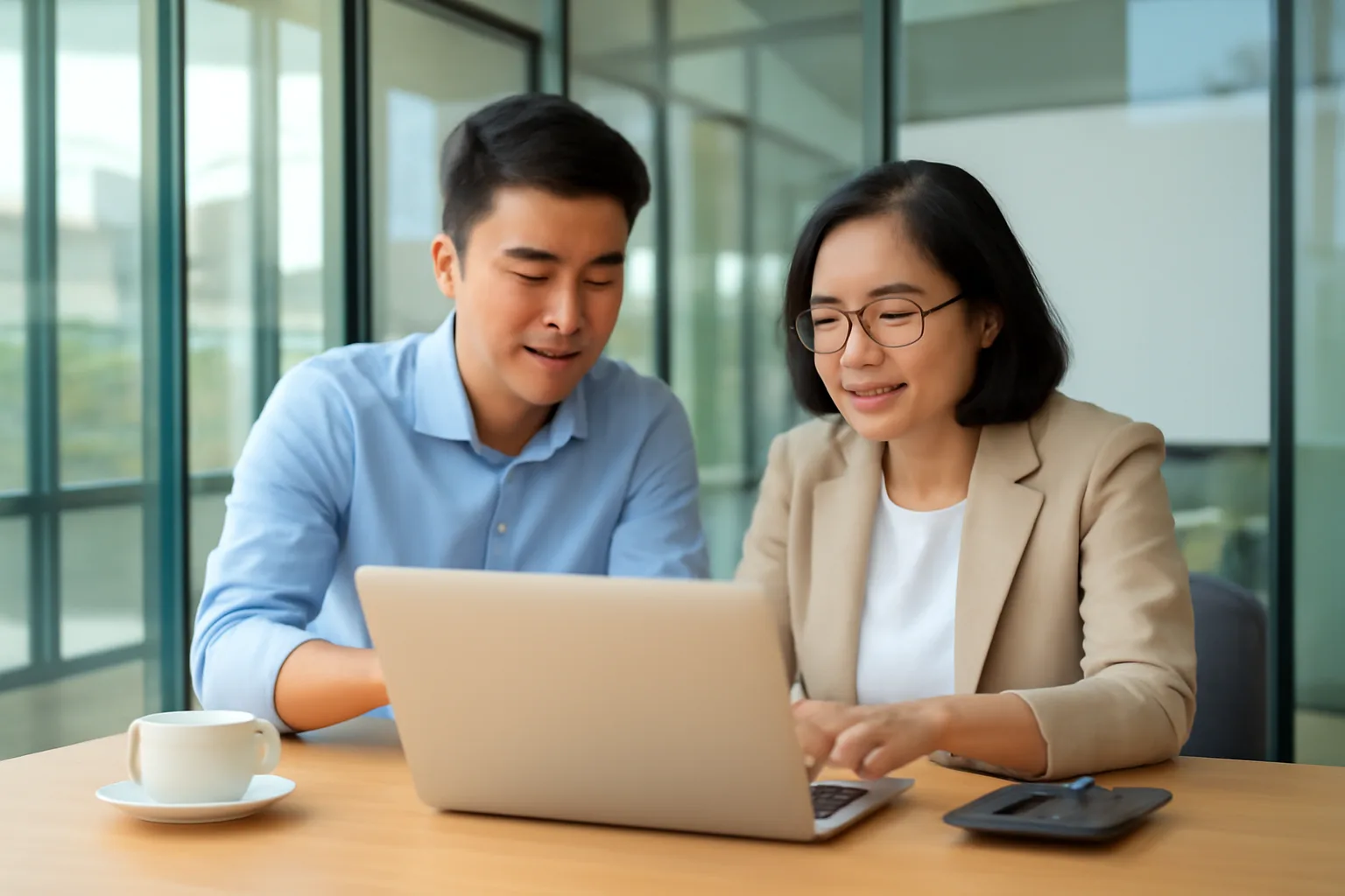 Chủ doanh nghiệp trẻ và kế toán xem biểu đồ tăng trưởng trên máy tính trong phòng họp nhỏ