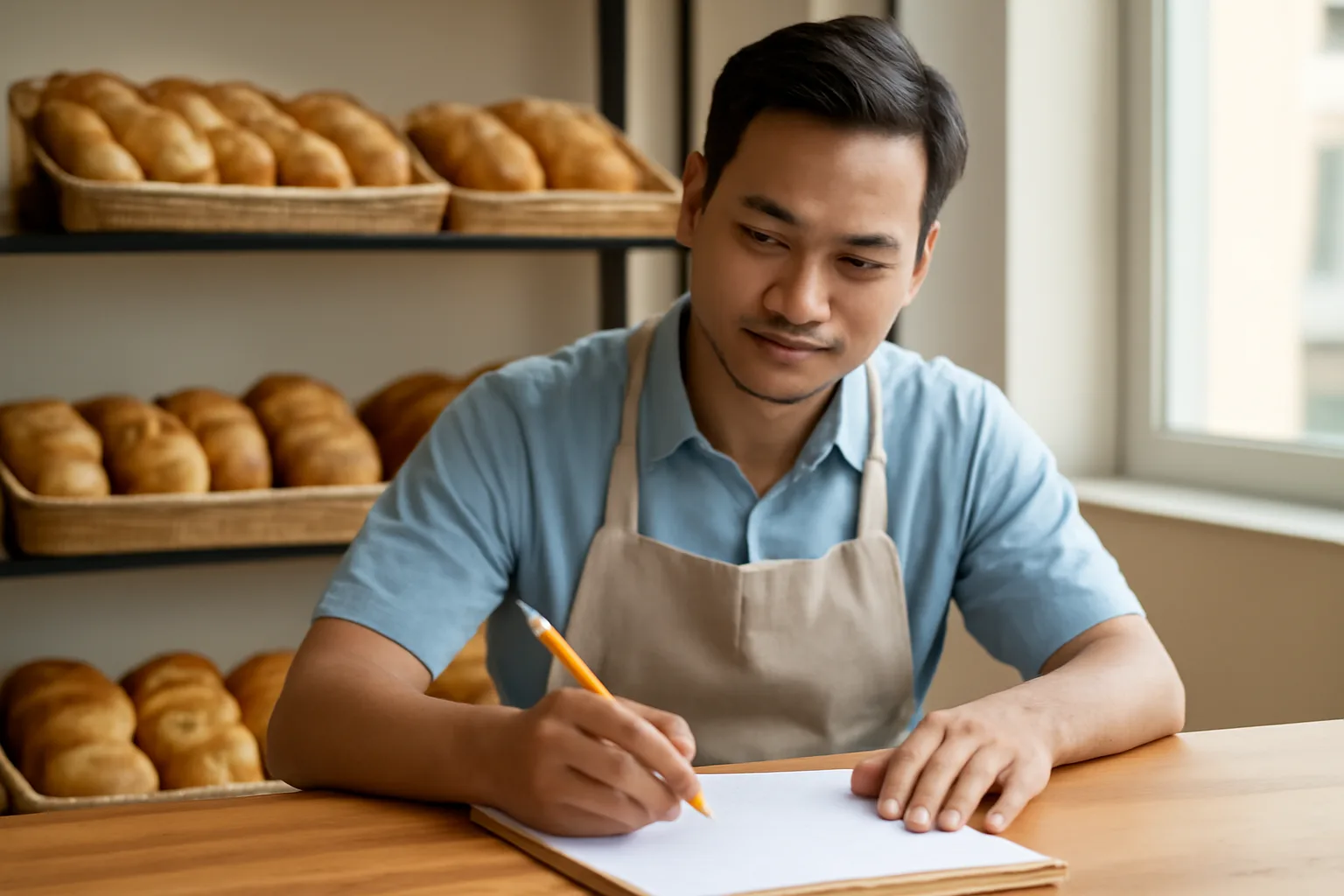 Chủ tiệm bánh ngồi bên bàn gỗ gạch dòng trên tập báo cáo bằng bút chì