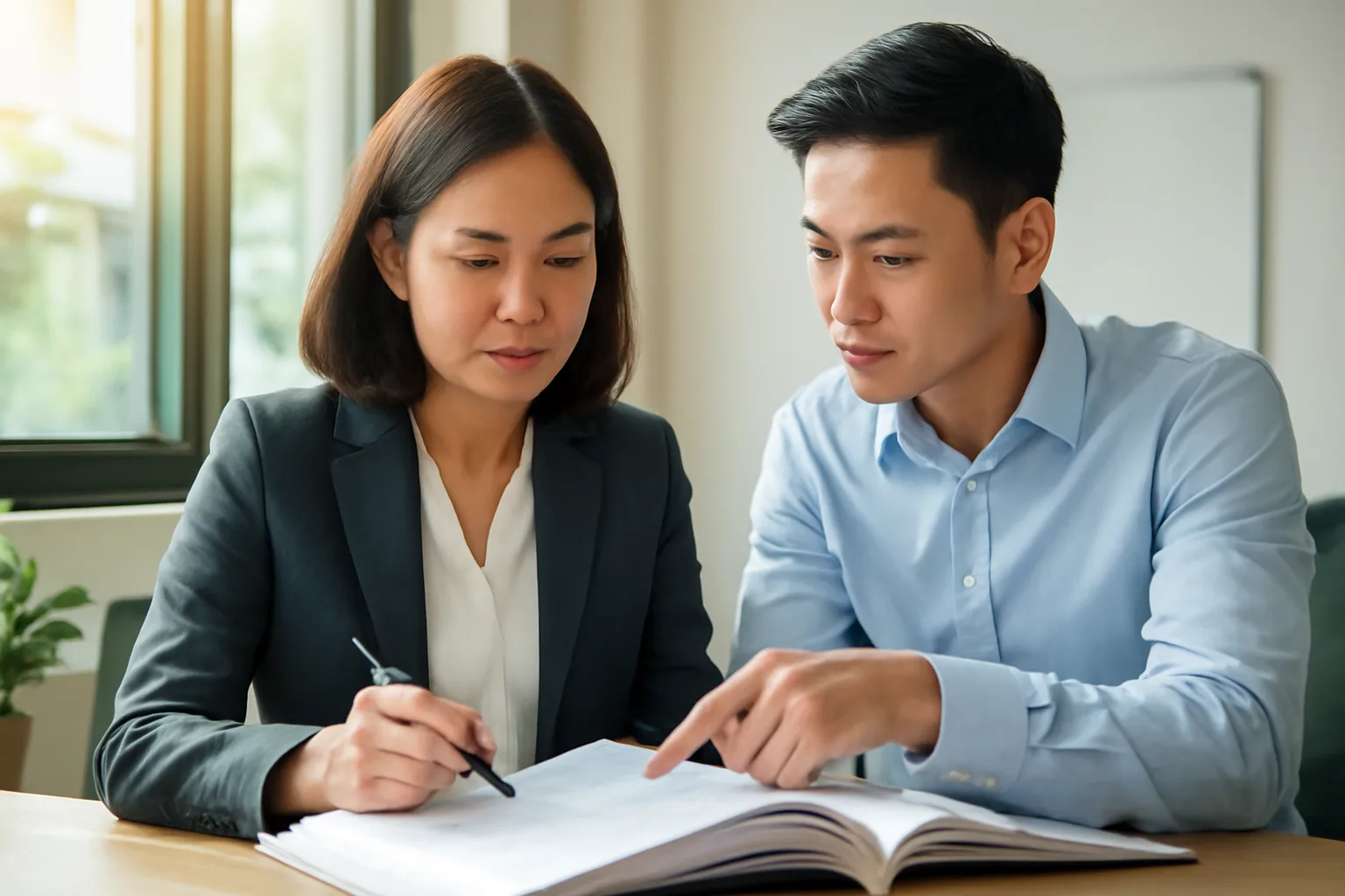 Nữ giám đốc đọc bản in tờ khai quyết toán cùng kế toán bên bàn làm việc gần cửa sổ