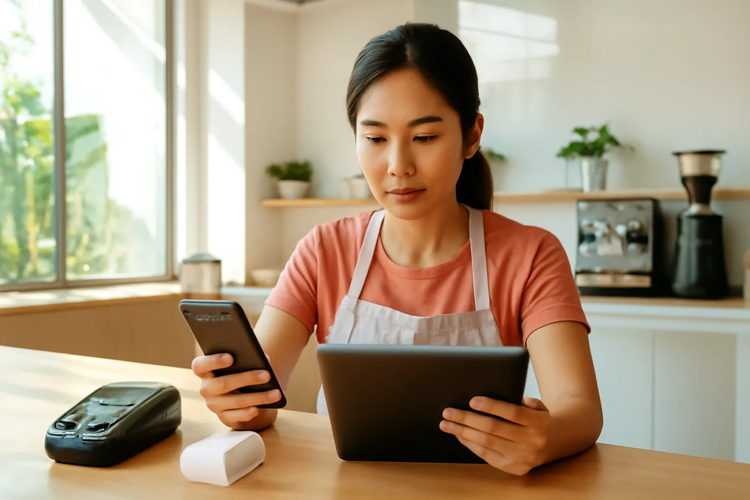 Chủ quán cà phê đối chiếu số liệu trên máy tính bảng cạnh quầy thu ngân vào buổi sáng