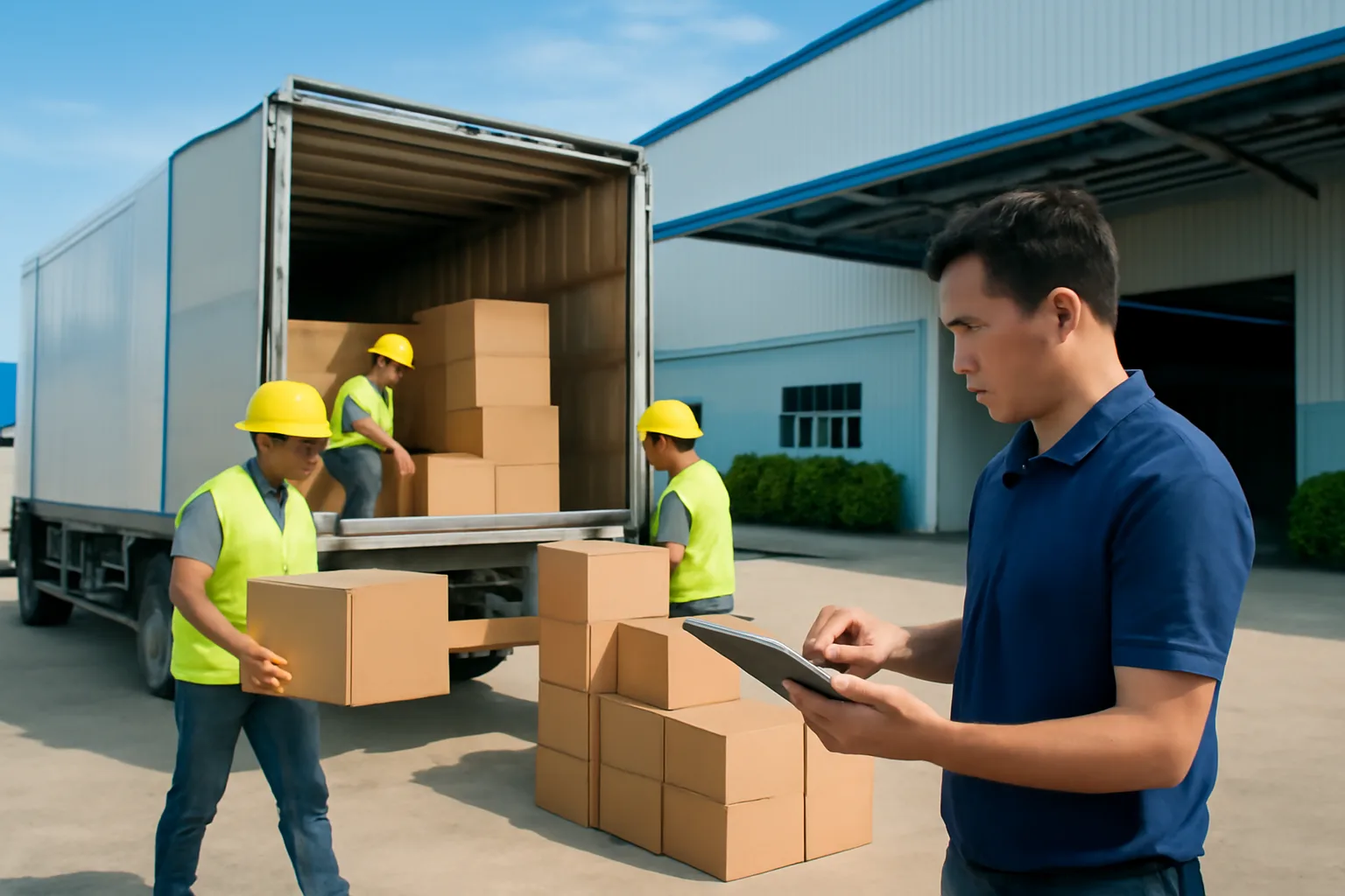 Công nhân xếp các thùng hàng lên xe tải ở sân xưởng trong khi chủ xưởng kiểm lại số lượng