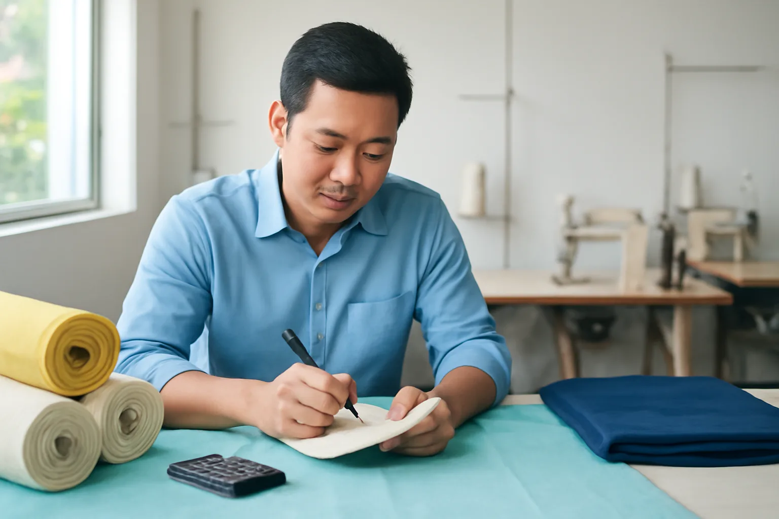 Chủ xưởng may đứng cạnh bàn cắt vải, ghi chú vào sổ tay bên cạnh máy tính bỏ túi