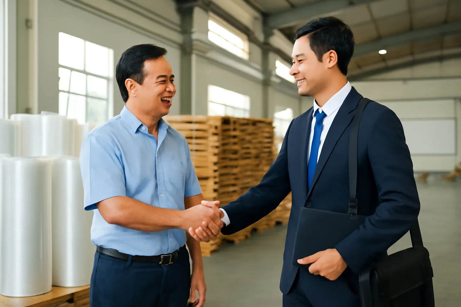 Chủ xưởng bao bì bắt tay cán bộ tín dụng tại sảnh xưởng sản xuất