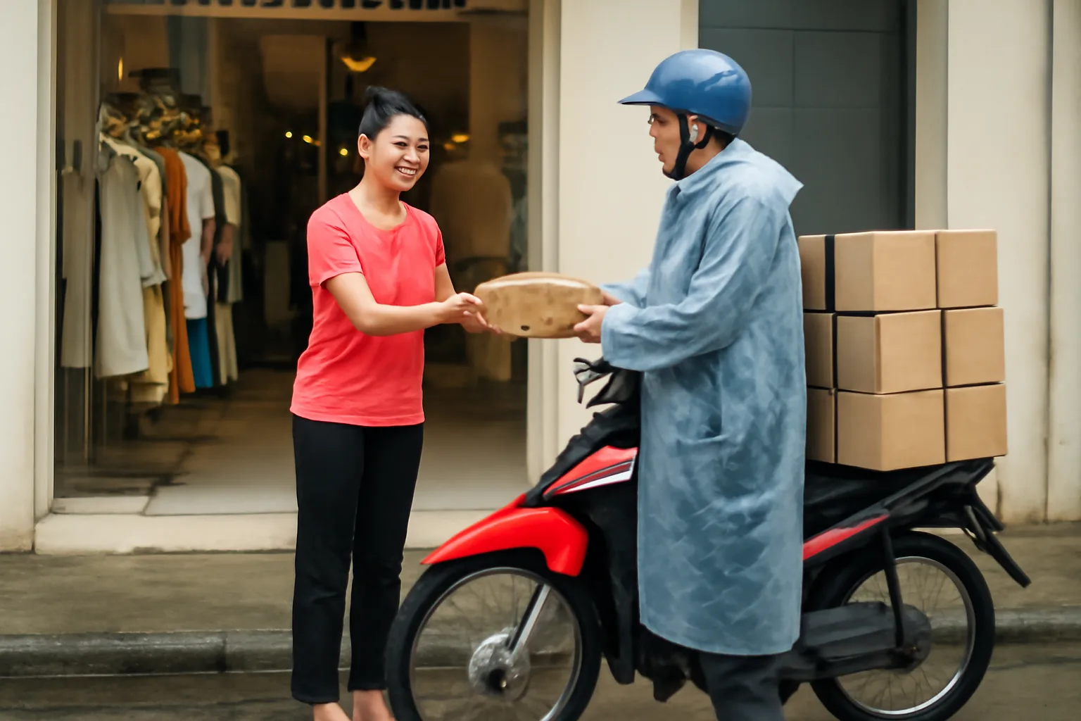Chủ tiệm quần áo trao gói hàng cho người giao hàng mặc áo mưa mỏng trước cửa tiệm