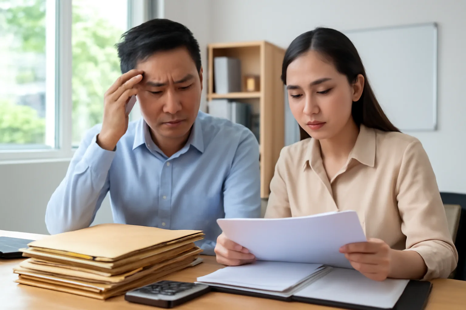 Chủ doanh nghiệp và kế toán rà bảng công nợ cùng xấp thư nhắc nợ trên bàn làm việc buổi chiều