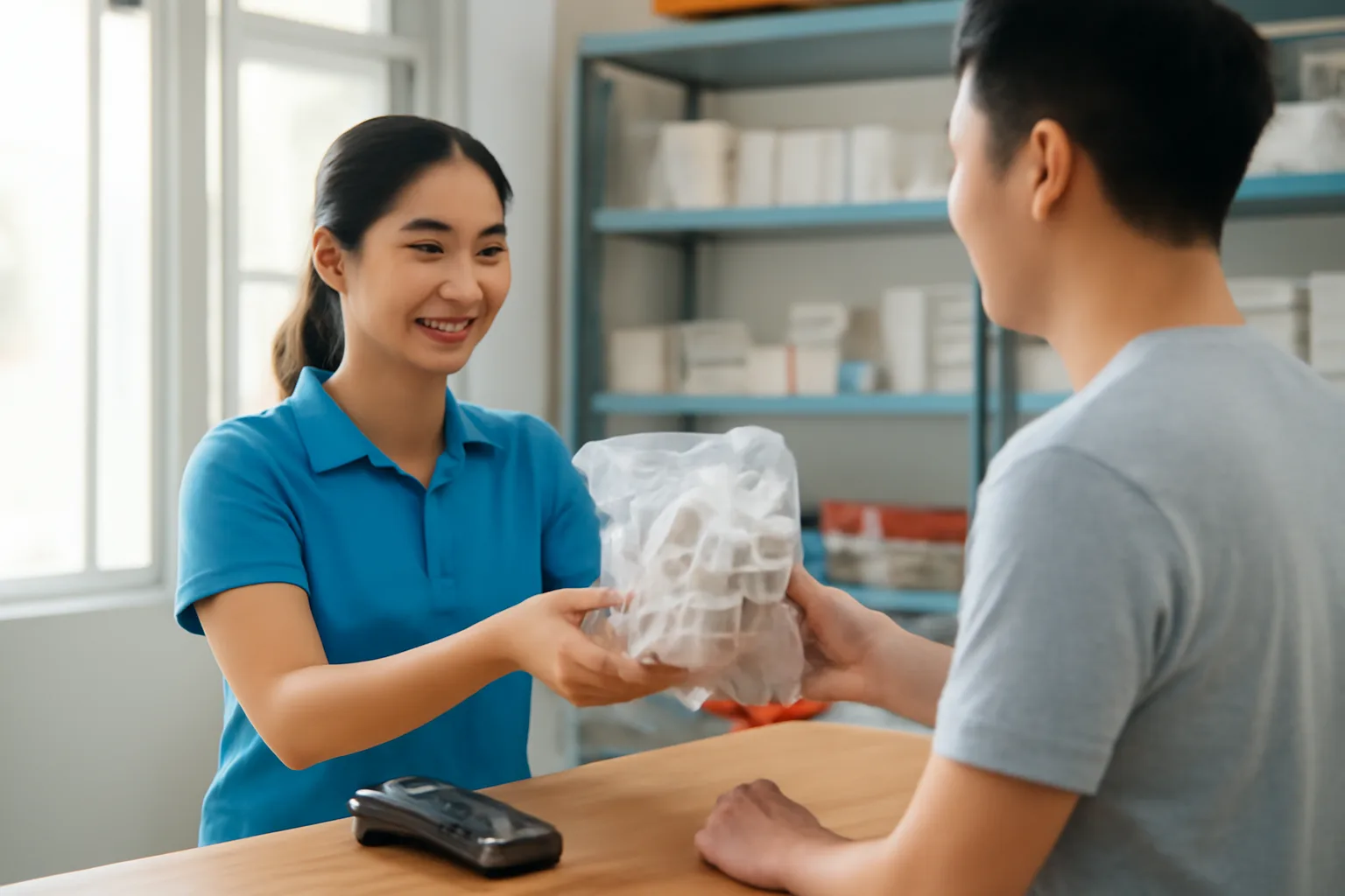 Nhân viên tiệm vật liệu điện nước đưa túi hàng cho khách qua quầy gỗ, máy quẹt thẻ đặt bên cạnh