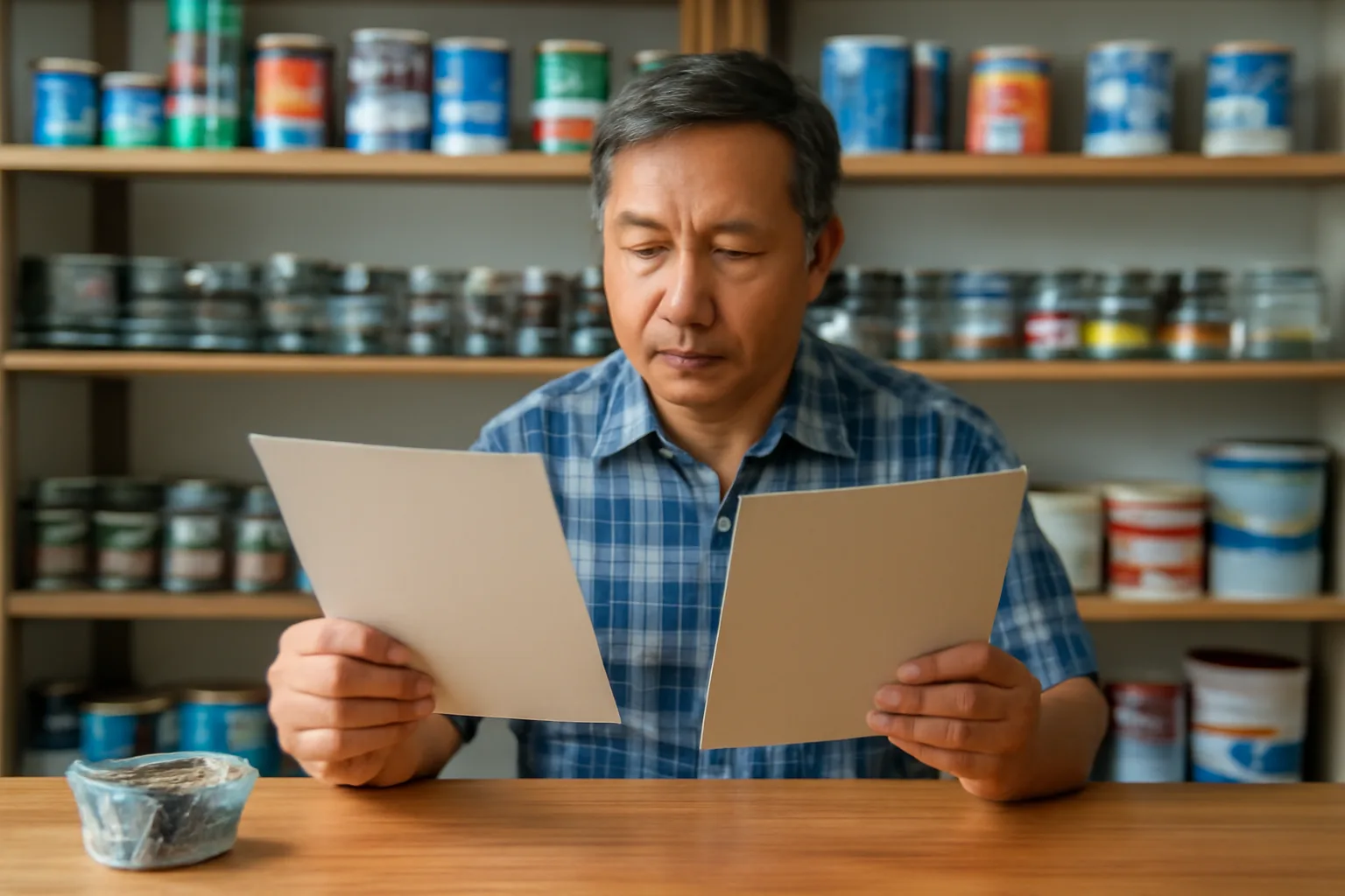Chủ cửa hàng vật liệu xây dựng so hai tập hồ sơ trên quầy gỗ
