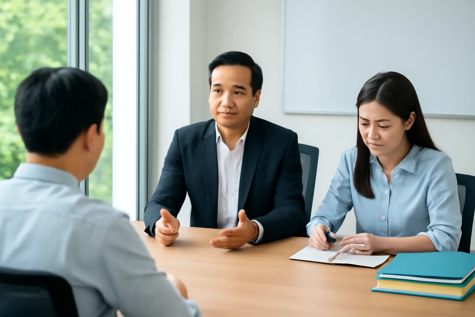 Người đại diện doanh nghiệp trao đổi bên bàn họp, người bên cạnh ghi chép vào sổ