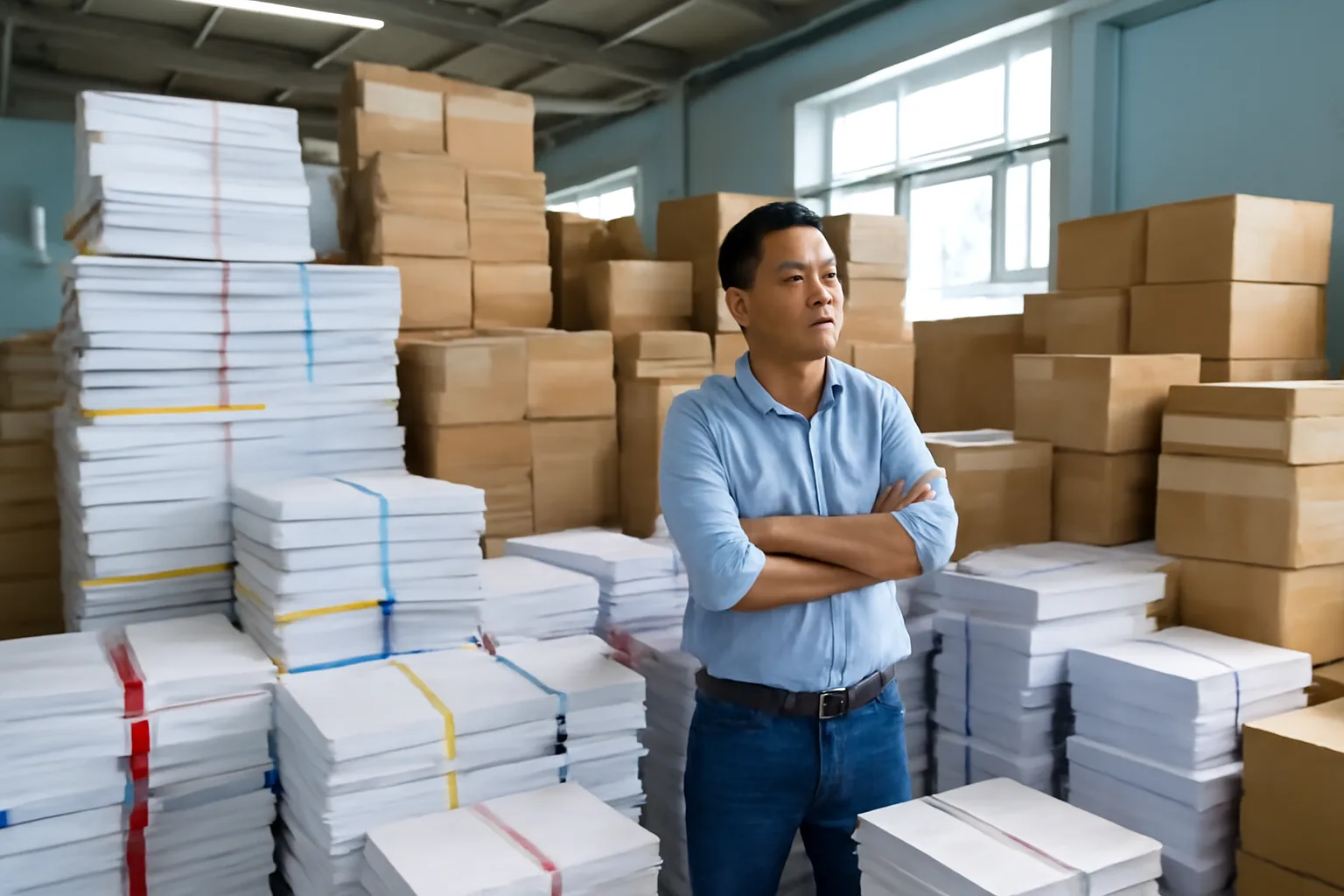 Chủ xưởng in đứng giữa kho giấy, nhìn các kiện hàng thành phẩm chờ giao