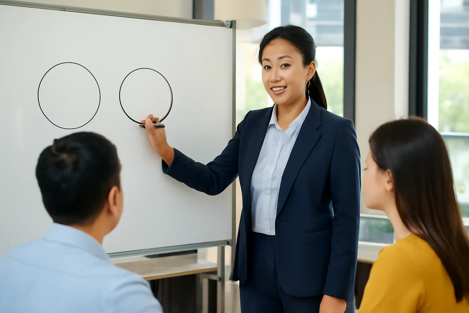 Nữ chủ doanh nghiệp vẽ hai vòng tròn trên bảng trắng cho hai cộng sự trong phòng họp nhỏ đầy nắng