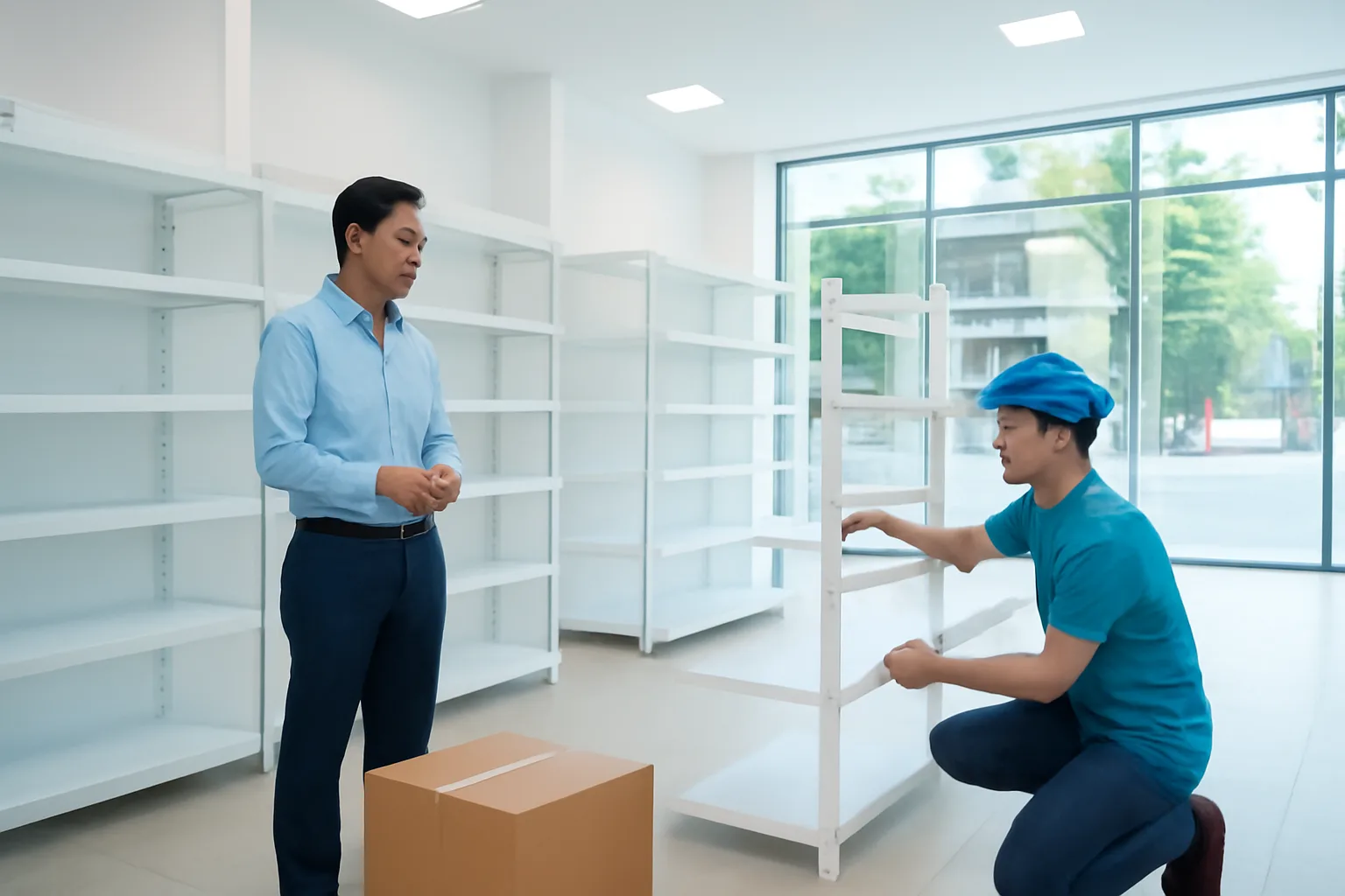 Chủ chuỗi nhà thuốc đứng giữa mặt bằng mới đang lắp kệ, trao đổi với thợ thi công