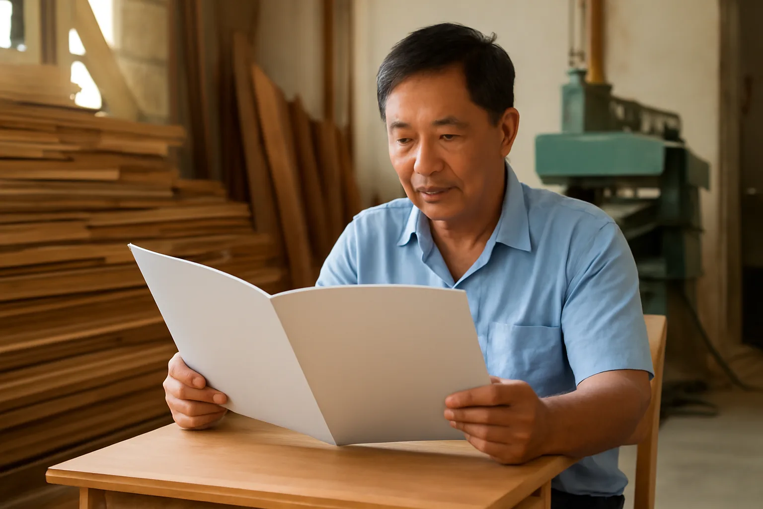 Chủ xưởng gỗ ngồi đọc tập hồ sơ thuế bên bàn làm việc cạnh xưởng sản xuất