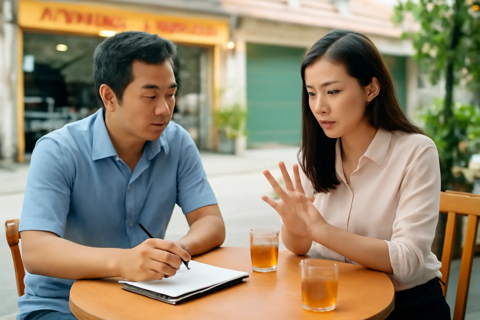 Chủ tiệm sửa chữa điện tử và nữ kế toán trao đổi bên bàn cà phê nhỏ vào buổi trưa