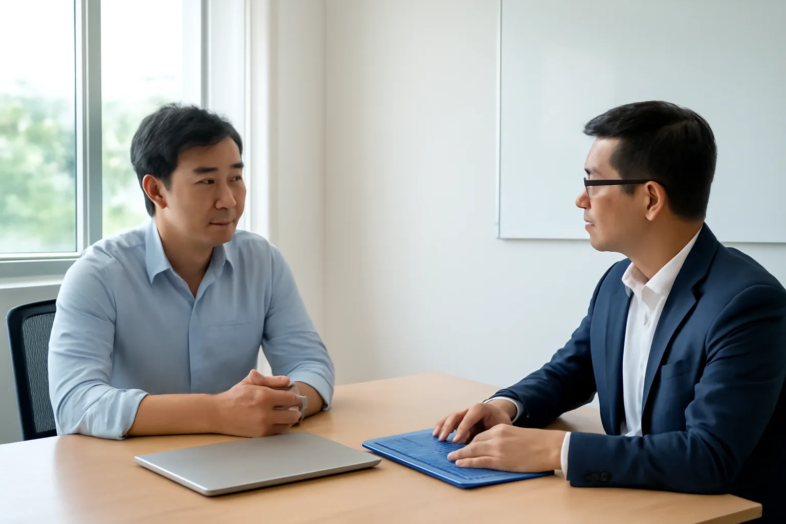 Chủ doanh nghiệp thuỷ sản ngồi đối diện cán bộ tín dụng trong phòng tiếp khách yên tĩnh