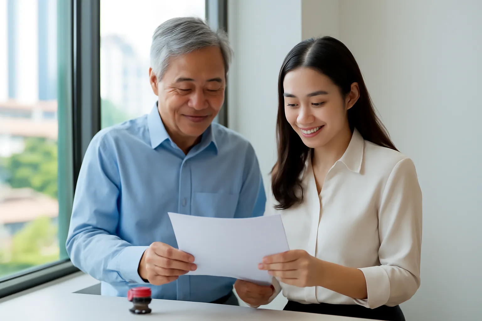 Giám đốc sắp nghỉ việc và người kế nhiệm cùng đọc biên bản bàn giao bên cửa sổ văn phòng
