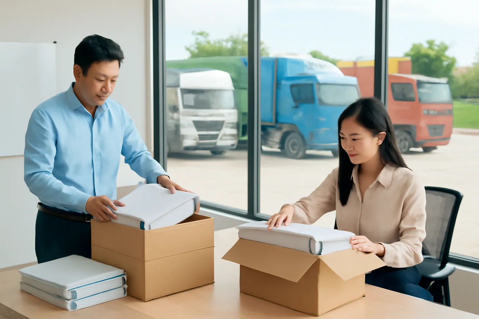 Chủ công ty vận tải và kế toán xếp các bìa hồ sơ vào thùng trong văn phòng cạnh bãi xe