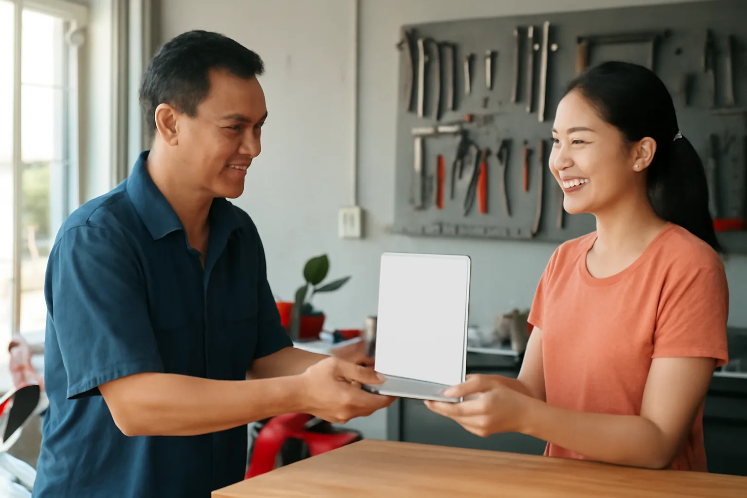 Chủ tiệm sửa xe cùng nhân viên thay tấm mã chuyển khoản mới ở quầy thu tiền