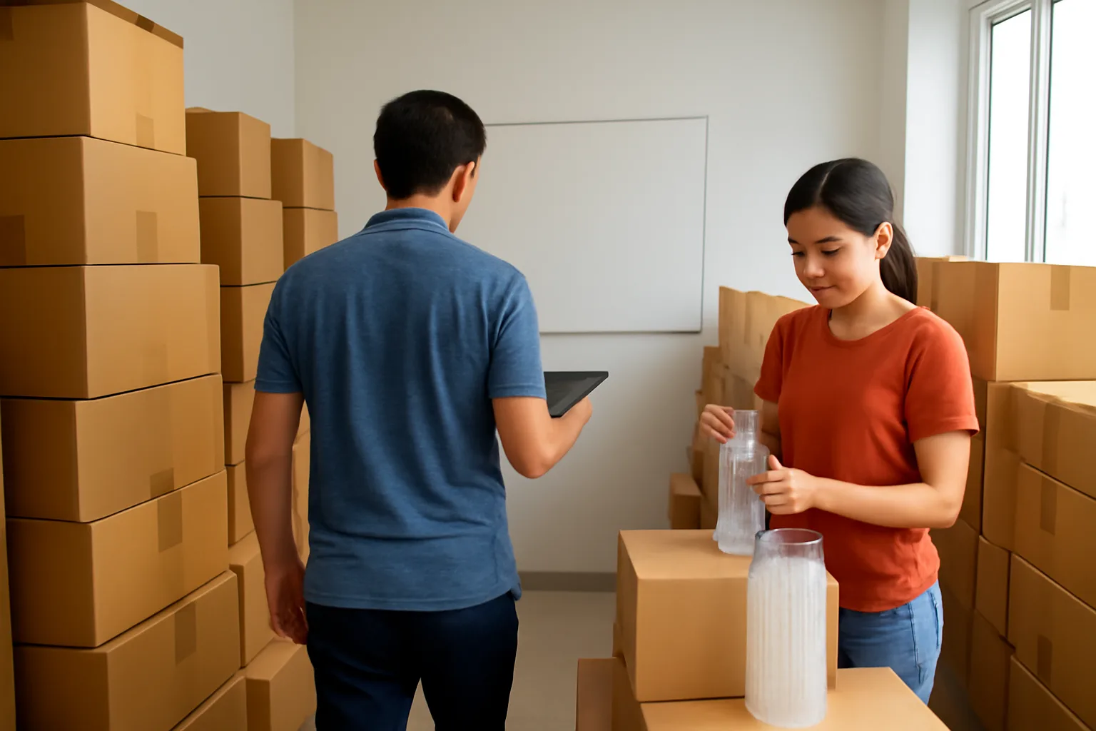 Chủ chuỗi quán trà sữa kiểm tra thùng nguyên liệu trong kho trung tâm nhỏ