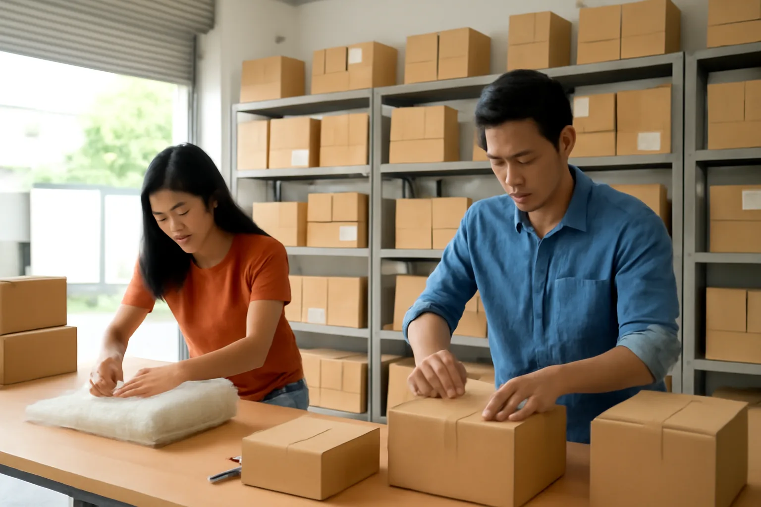 Nhân viên shop online đóng gói đơn hàng trên bàn dài cạnh các kệ hàng trong nhà kho nhỏ