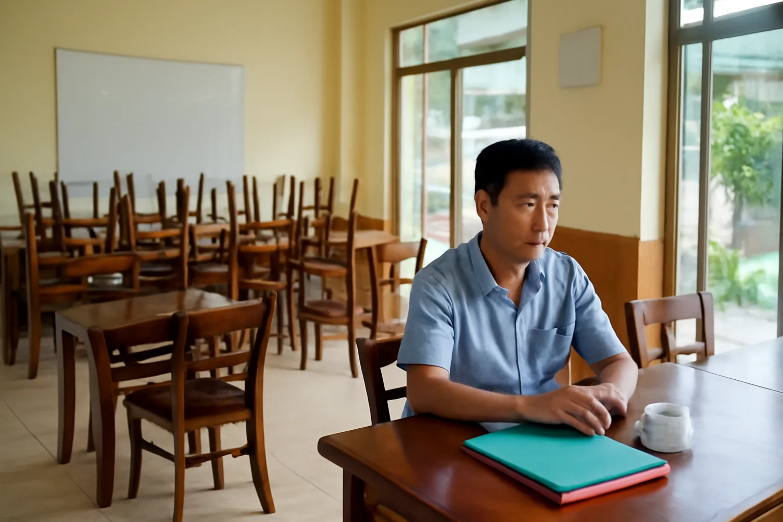 Chủ nhà hàng ngồi một mình ở bàn trong quán vắng khách buổi chiều, trước mặt là xấp hồ sơ
