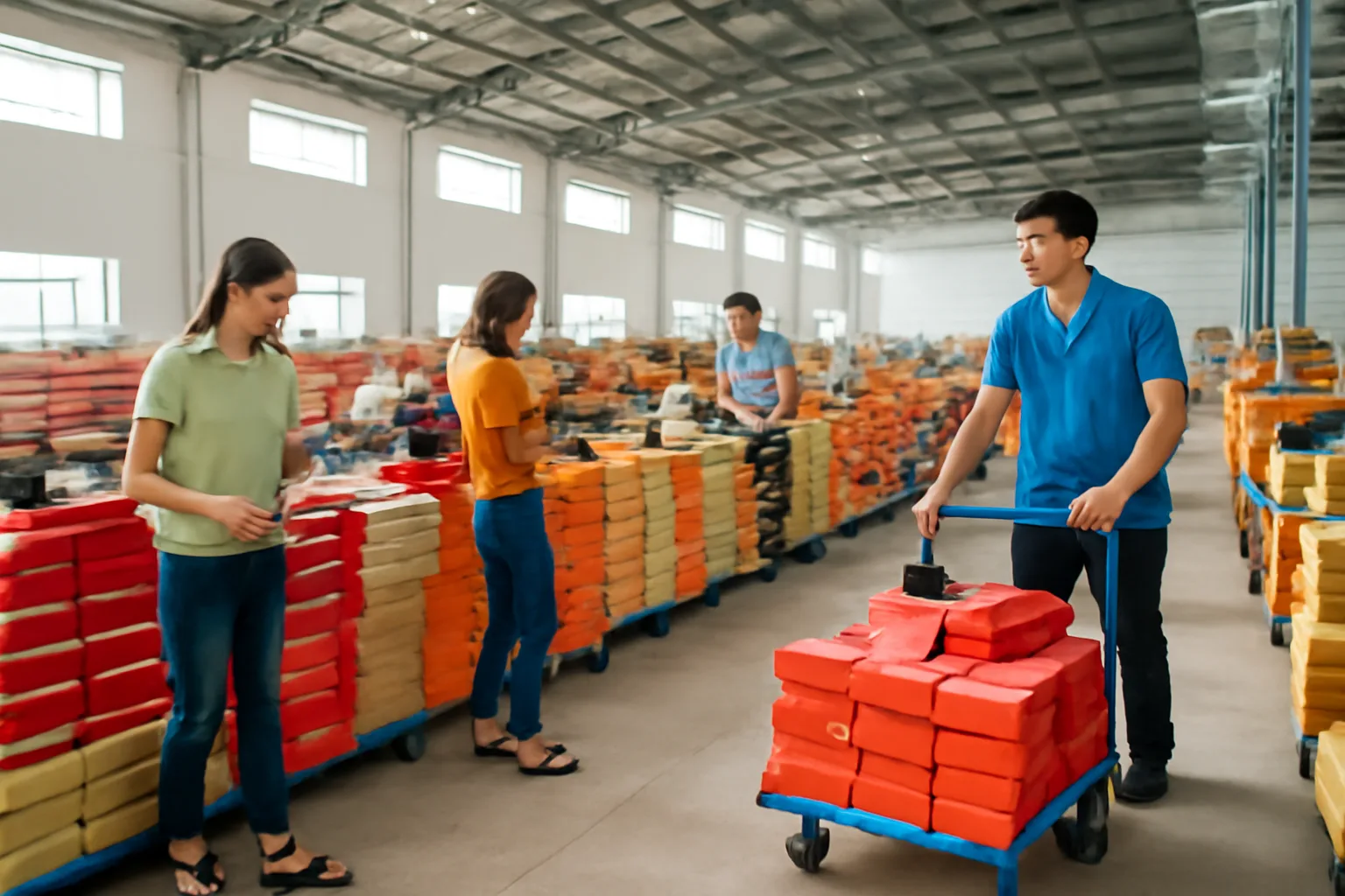 Khách chọn giày dép trong đợt xả hàng ở kho xưởng rộng, nhân viên đẩy xe hàng