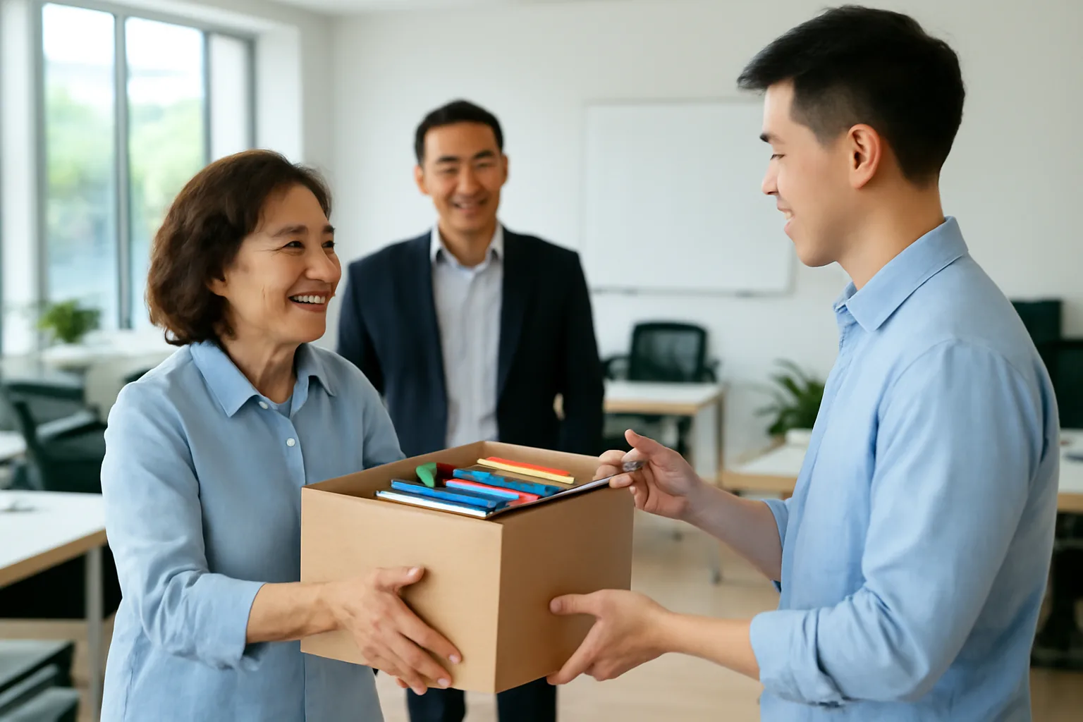 Hai kế toán bàn giao thùng hồ sơ và thiết bị chữ ký số trước mặt chủ doanh nghiệp