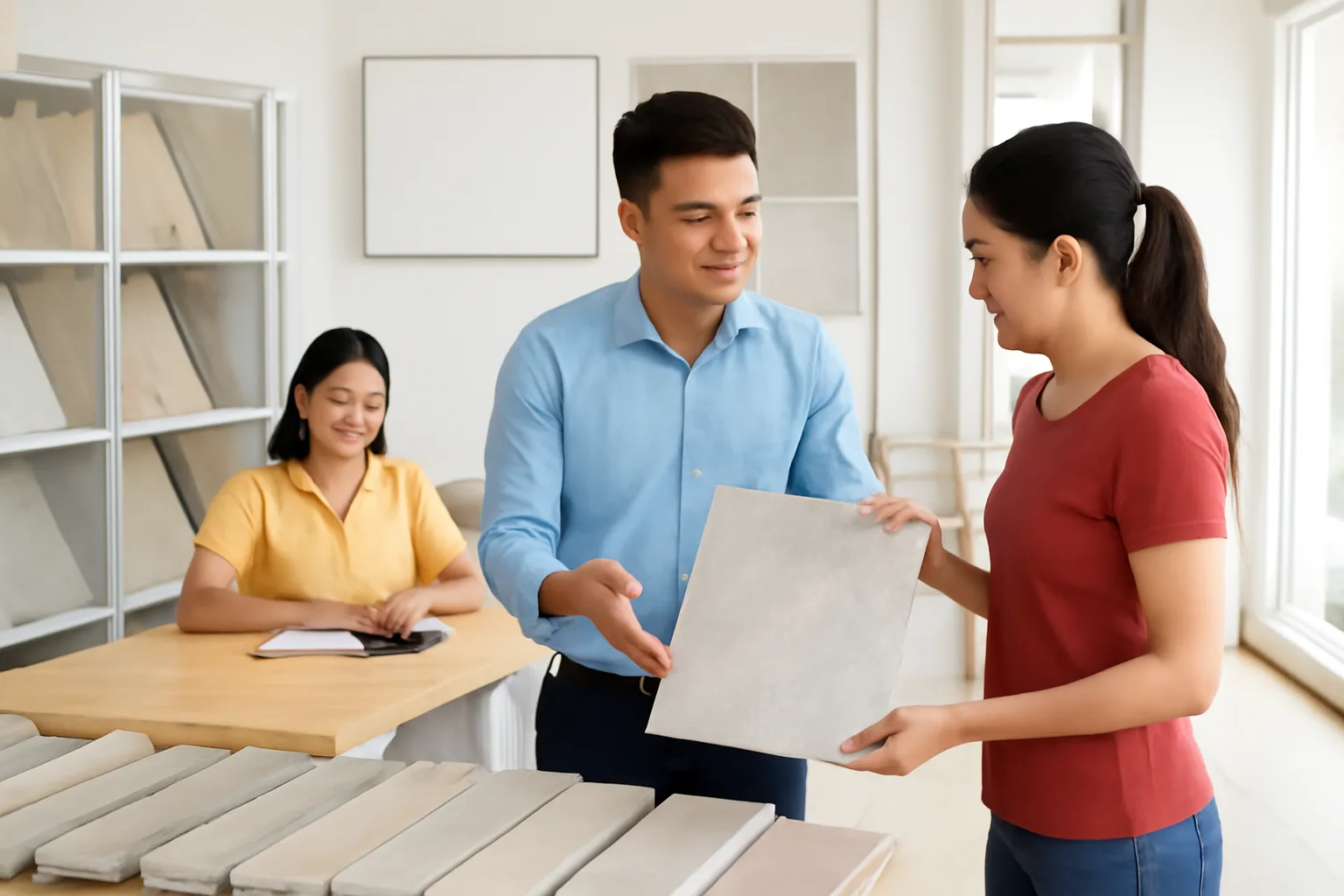 Con trai chủ cửa hàng gạch men đang tư vấn khách trong phòng trưng bày, người mẹ ngồi ở quầy phía sau