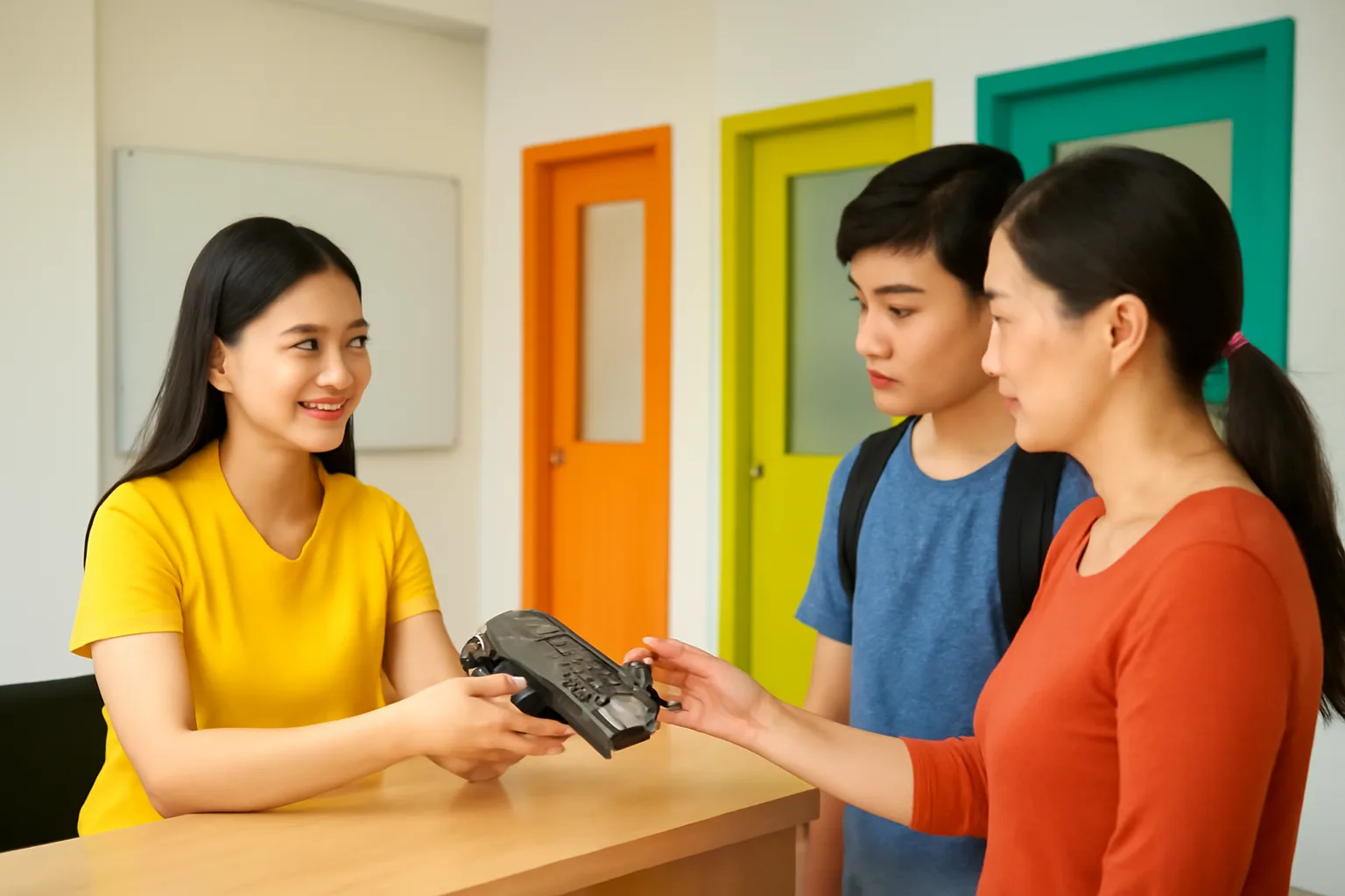 Nhân viên tư vấn trung tâm ngoại ngữ nhận thanh toán học phí từ phụ huynh tại quầy lễ tân