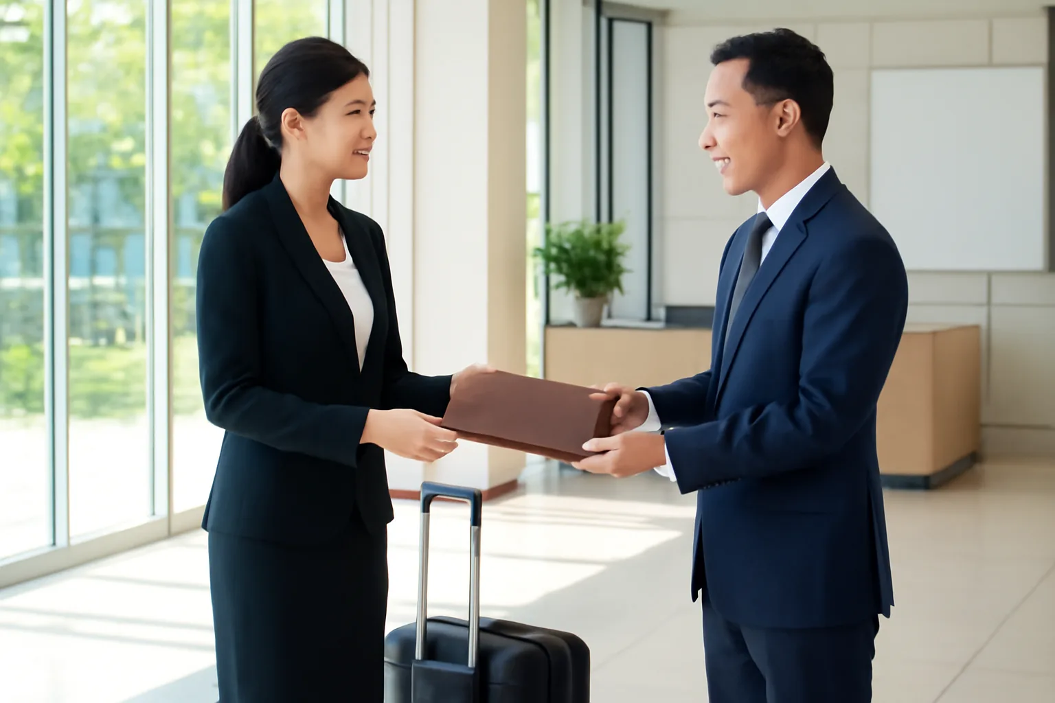 Người đại diện doanh nghiệp trao cặp tài liệu cho giám đốc điều hành ở sảnh văn phòng