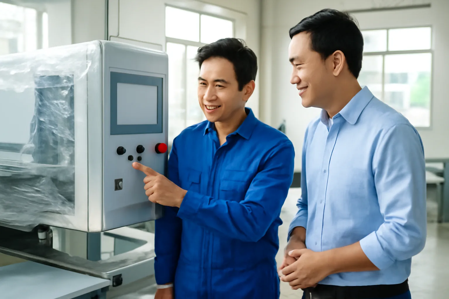 Kỹ thuật viên hướng dẫn chủ xưởng vận hành máy cắt mới lắp đặt trong nhà xưởng