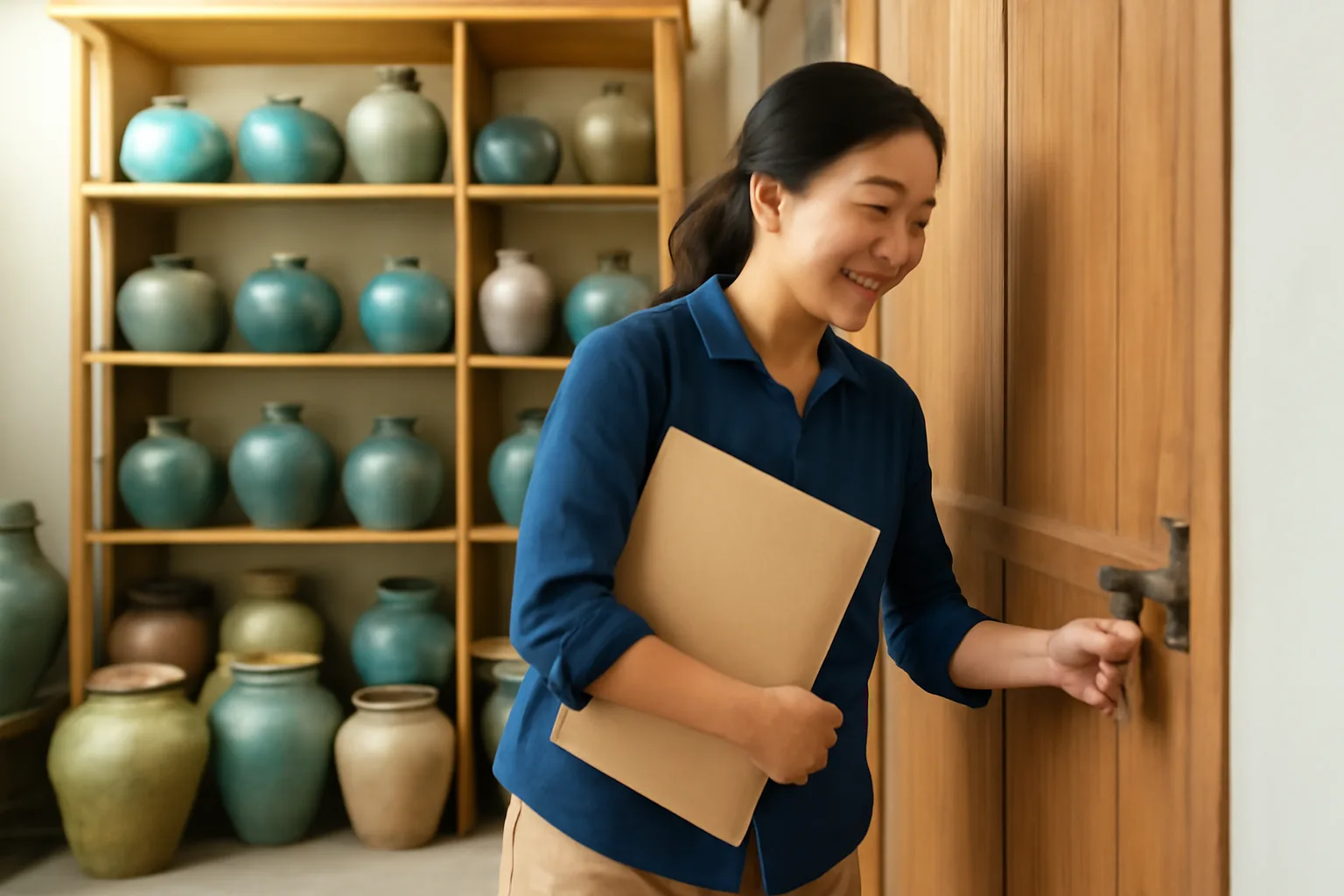 Chủ xưởng gốm khoá cửa kho chứa sản phẩm trong buổi sáng, tay cầm cặp hồ sơ